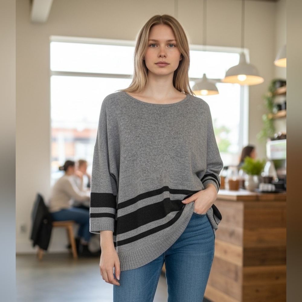 Griffen Cashmere Women's Gray and Black Striped Sweater